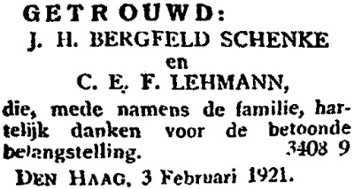 1921 - Huwelijk Johann Hermann Bergfeld  Schenke (geb. 9-7-1875) en Catharina Elisabeth Frederika Lehmann
