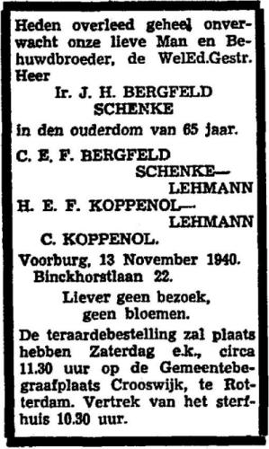 1940 - Overlijden Johann Hermann Bergfeld Schenke (1875-1940)