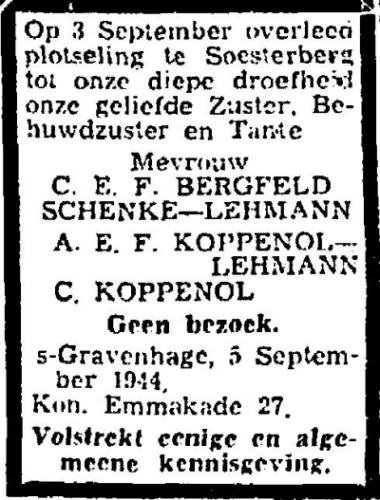 1944 - Overlijden Catharina Elisabeth Frederika Lehmann (1879-1944)