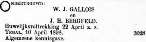 1898 - Ondertrouw Johanna Hermina Bergfeld (geb. 3-5-1867) en Willem Jacobus Gallois
