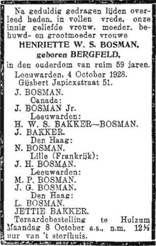 1928 - Overlijden Henriette Wilhelmina Sophia Bergfeld (1869-1928)