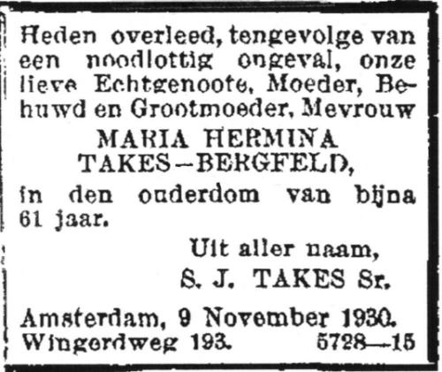 1930 - Overlijden Maria Hermina Bergfeld (1869-1930)