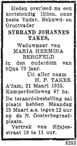1935 - Overlijden Sybrand Johannes Takes (1865-1935)