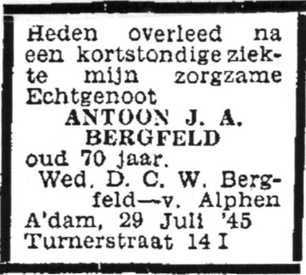 1945 - Overlijden Antonius Johan Augustus Bergfeld (1874-1945)