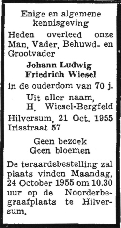 1955 - Overlijden Johann Ludwig Friedrich Wiesel (1885-1955)