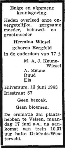 1963 - Overlijden Hermina Bergfeld (1885-1963)
