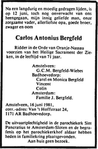 1981 - Overlijden Carolus Antonius Bergfeld (1910-1981)