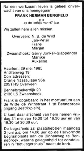 1985 - Overlijden Frank Herman Bergfeld (1937-1985)