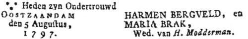 1797 - Ondertrouw Hermanus Bergveld (geb. 28-9-1967) en Maria Brak
