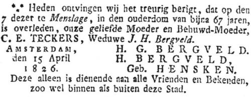 1826 - Overlijden Catharina Elsabein Tecker 
