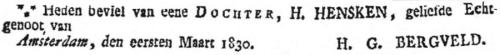 1830 - Geboorte Henderkie Bergveld (geb. 1-3-1830)