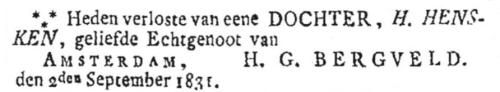 1831 - Geboorte Henderkie Bergveld  (geb. 2-9-1831)