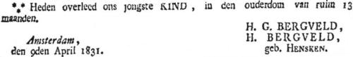 1831 - Overlijden Henderkie Bergveld (geb. 1-3-1830)