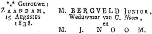1838 - Huwelijk Marten Bergveld jr. (geb. 25-2-1787) en Maria Johanna Noom