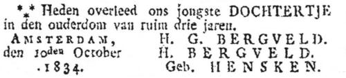 1834 - Overlijden Henderkie Bergveld  (geb. 2-9-1831)