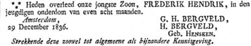 1836 - Overlijden Frederik Hendrik Bergveld (geb. 22-4-1836)