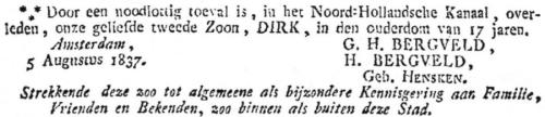 1837 - Overlijden Dirk Bergveld (geb. 12-4-1820)