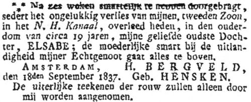 1837 - Overlijden Elsabe Bergveld (geb. 3-11-1818)