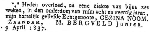 1837 - Overlijden Gezina Noom
