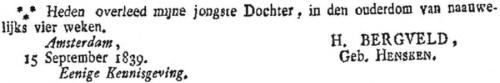 1839 - Overlijden Elsabe Bergveld (geb. 14-8-1839)