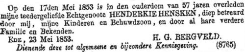 1853 - Overlijden Hendrikje Hensken 