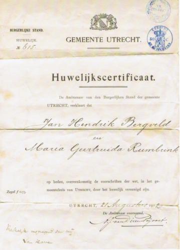 1912 - Huwelijk Jan Hendrik Bergveld (geb. 18-2-1889) en Maria Geertruida Rumbrink