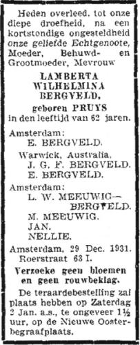 1931 - Overlijden Lamberta Wilhelmina Pruys