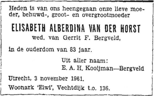 1961 - Overlijden Elisabeth Alberdina van der Horst