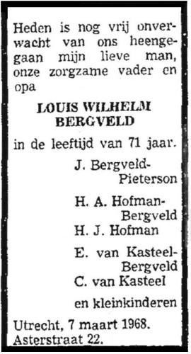 1968 - Overlijden Louis Wilhelm Bergveld (geb. 30-9-1896)