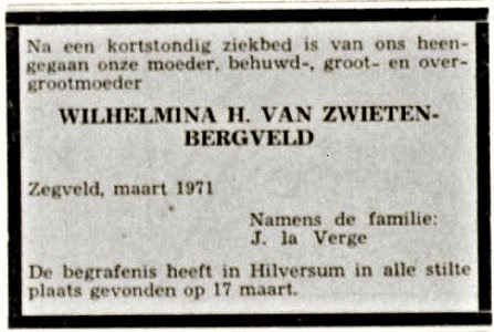 1971 - Overlijden Wilhelmina Hendrika Bergveld (geb. ‏‎18-11-1884)