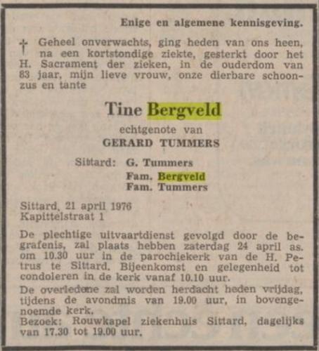 1976 - Overlijden Hubertina Louisa Bergveld (geb. 9-9-1892)