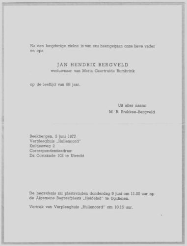 1977 - Overlijden Jan Hendrik Bergveld (geb. 18-2-1889)