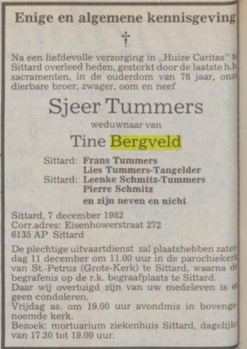 1982 - Overlijden Marie Louis Hubert Gerard Tummers