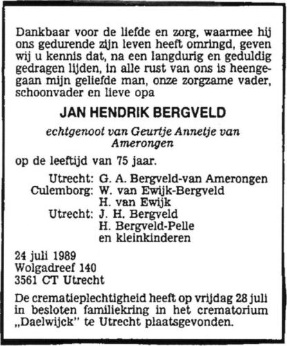 1989 - Overlijden Jan Hendrik Bergveld (geb. 3-2-1914)