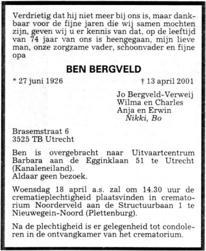 2001 - Overlijden Bernardus Johannes Bergveld (geb. 27-6-1926)
