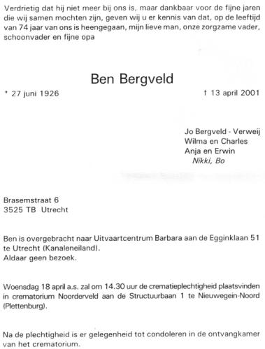 2001 - Overlijden Bernardus Johannes Bergveld (geb. 27-6-1926)