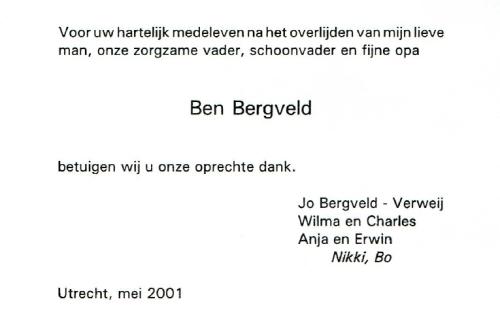 2001 - Overlijden Bernardus Johannes Bergveld (geb. 27-6-1926)