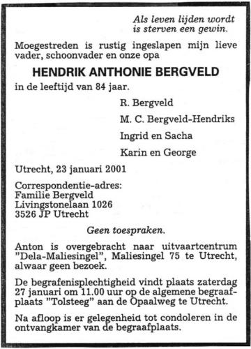 2001 - Overlijden Hendrik Anthonie-Bergveld (geb. 13-2-1916)