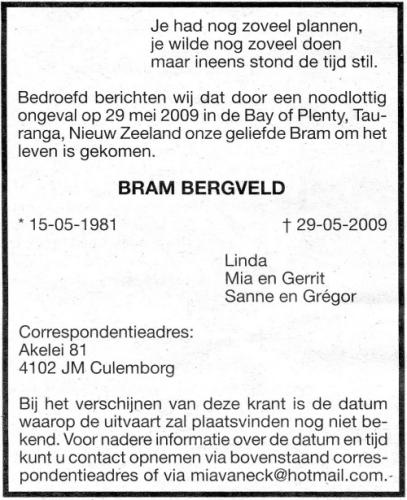 2009 - Overlijden Gerrit Bram Bergveld (geb. 15-5-1981)