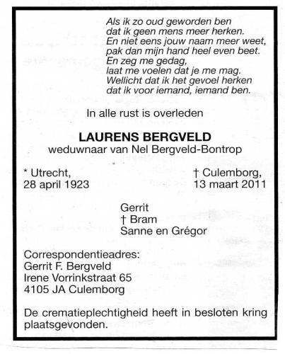 2011 - Overlijden Laurens Bergveld (geb. 28-4--1923)