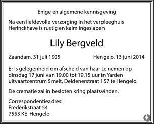 2014 - Overlijden Lily Bergveld (geb. 31-7-1925)