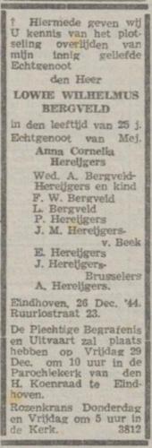 1944 - Overlijden Louis Wilhelm Bergveld (geb. 18-4-1919)