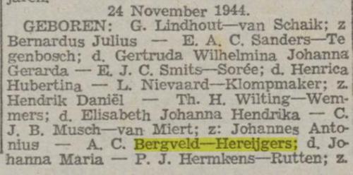 1944 - Geboorte Johanna Maria Bergveld (geb. 24-11-1944)