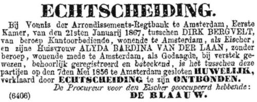 1867 - Echtscheiding Dirk Bergvelt (geb. 7-4-1831) en Alijda Bardina van der Laan