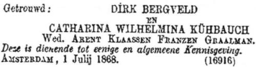 1868 - Huwelijk Dirk Bergvelt (geb. 7-4-1831) en Catharina Wilhelmina Kuhbauch