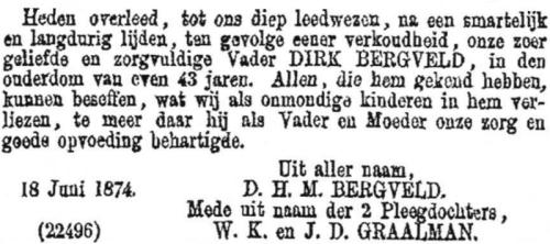 1874 - Overlijden Dirk Bergvelt (1831-1874)