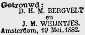 1882 - Huwelijk Dirk Hermanus Marten Bergvelt (geb. 11-10-1856) en Josina Margaretha Weijntjes