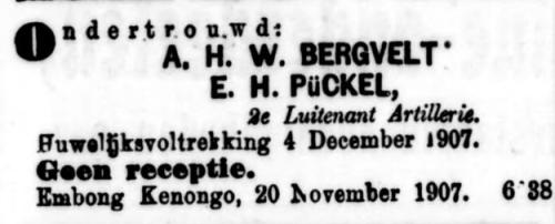 1907 - Ondertrouw Augusta Hendrika Wilhelmina Bergvelt‏ (geb. 15-4-1892) en Eduard Heinrich Puckel‏‎