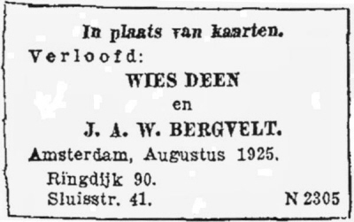 1925 - Verloofd Johannes Albertus Willem Bergvelt (geb. 29-11-1899) en Wichertje Deen