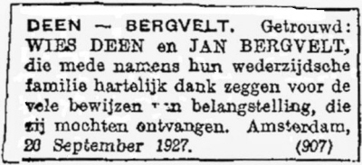 1927 - Huwelijk Johannes Albertus Willem Bergvelt (geb. 29-11-1899) en Wichertje Deen